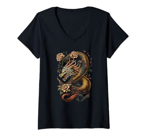 Damen Chinesischer Drache T-Shirt mit V-Ausschnitt Damen Chinesischer Drache T-Shirt mit V-Ausschnitt von Chinesischer Drache
