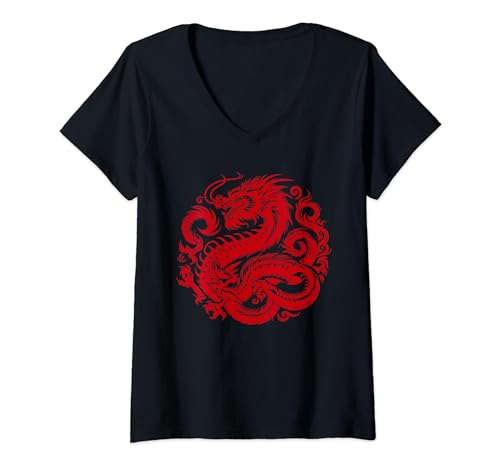 Damen Chinesischer Drache T-Shirt mit V-Ausschnitt Damen Chinesischer Drache T-Shirt mit V-Ausschnitt von Chinesischer Drache