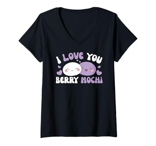 Damen I Love You Berry Mochi Kawaii Mochi Reiskuchen Mochi T-Shirt mit V-Ausschnitt Damen I Love You Berry Mochi Kawaii Mochi Reiskuchen Mochi T-Shirt mit V-Ausschnitt von Chinesisches Street Food Design