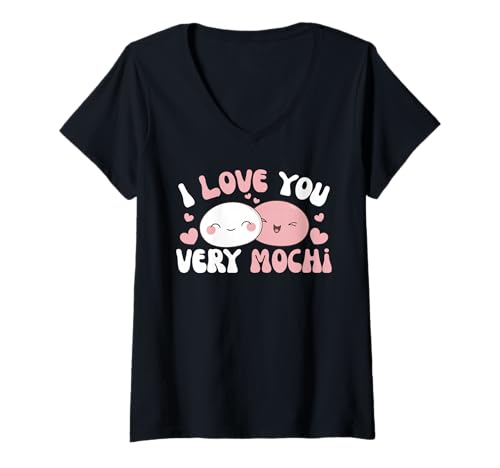 Damen I Love You Very Mochi Kawaii Mochi Reiskuchen Mochi T-Shirt mit V-Ausschnitt Damen I Love You Very Mochi Kawaii Mochi Reiskuchen Mochi T-Shirt mit V-Ausschnitt von Chinesisches Street Food Design