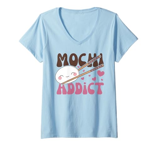 Damen Mochi Addict Kawaii Mochi Reiskuchen Mochi T-Shirt mit V-Ausschnitt Damen Mochi Addict Kawaii Mochi Reiskuchen Mochi T-Shirt mit V-Ausschnitt von Chinesisches Street Food Design