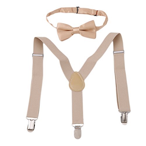 Chinget Kinder Jungen Mädchen Hosenträger Elastisch Einstellbare Braces Clip-On mit Fliege Set (Beige) von Chinget