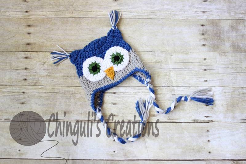 Gehäkelte Eulenmütze , Jungen Mädchen Neugeborenen Baby Blau Grau Foto Requisiten von Chinguliscreations