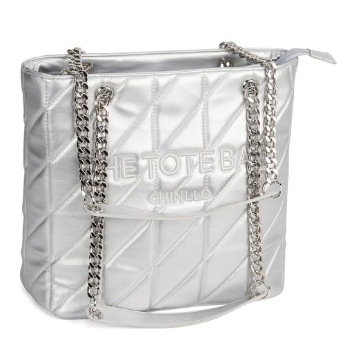 Chinllo Tragetasche für Damen, mittelgroß, Griff oben, Handtasche, Silber gesteppt, Medium Chinllo Tragetasche für Damen, mittelgroß, Griff oben, Handtasche, Silber gesteppt, Medium von Chinllo