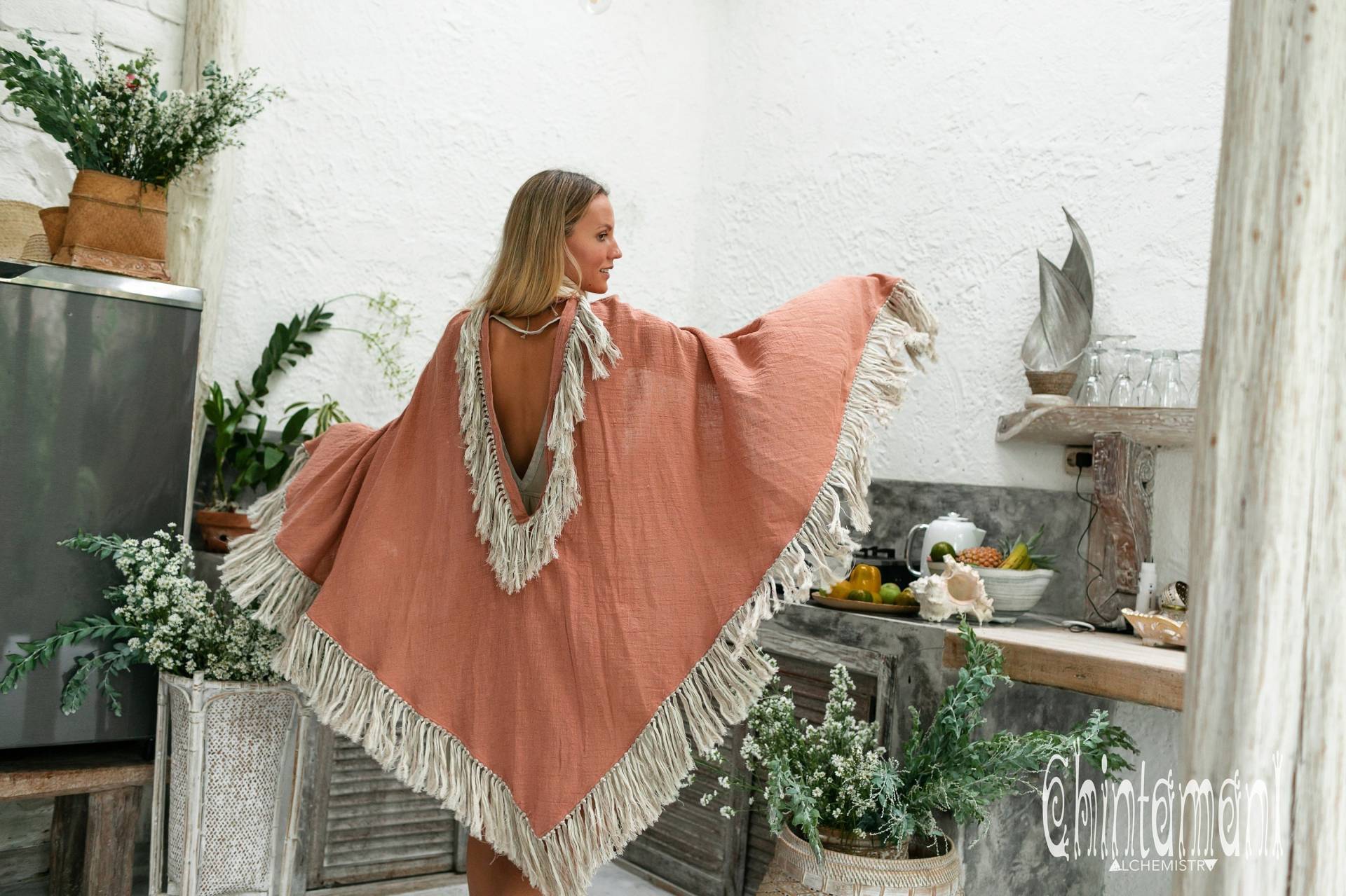 Fransen-Boho-Poncho Für Damen, Cape, Schal-Wickel-Cardigan Aus Baumwolle, Hippie-Kleidung, Oberteil Mit Offenem Rücken, Boho-Kleidung, Mantel von ChintamaniAlchemi