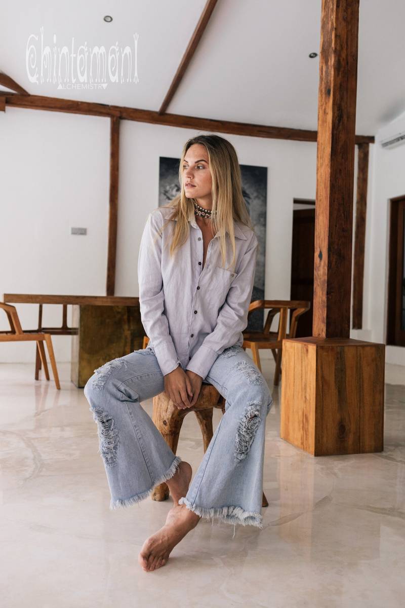 Langes Leinen Boho Hemd Frauen Mit Seide ∆ Übergroße Bluse Button Up Shirt Eco Kleidung Langarm Übergröße Bio Top/Grau von ChintamaniAlchemi