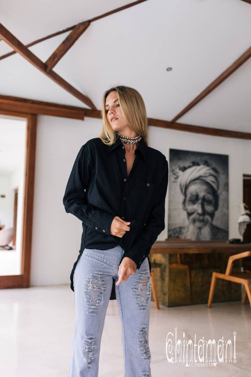 Leinenhemd Frauen Mit Seide ∆ Oversized Langarm Hemd Button Down Bluse Leinen Kleidung Eco Loose Plus Size Top von ChintamaniAlchemi