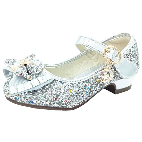 CHINYROZA Prinzessin Schuhe Mädchen Stöckelschuhe Kinder Absatzschuhe Mädchen Glitzer Schuhe Mädchen Prinzessin Geschenk, Silber 27 von CHINYROZA