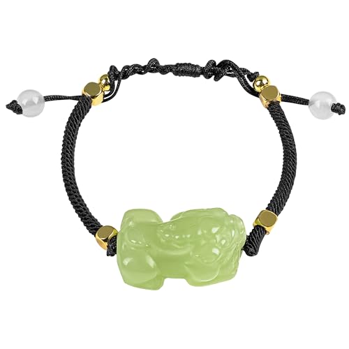 Chiorgone Handgefertigtes Hotan-Jade-Pixiu-Armband – schwarze gewebte Schnur mit goldfarbenen Metallperlen, grüner Jade Reichtum Maskottchen Anhänger, Fengshui Glücksbringer-Armband für Männer/Frauen von Chiorgone