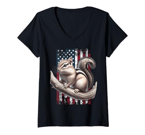 Damen Streifenhörnchen Amerika Chipmunk T-Shirt mit V-Ausschnitt Damen Streifenhörnchen Amerika Chipmunk T-Shirt mit V-Ausschnitt von Chipmunk US Fahne Herren Damen