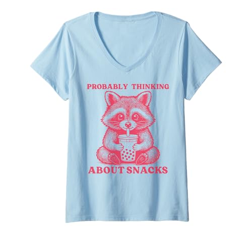 Damen Probably Thinking About Snacks T-Shirt mit V-Ausschnitt von Chips Verlangen Snack Junkfood Einhorn