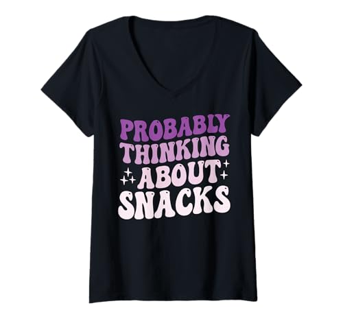 Damen Probably Thinking About Snacks T-Shirt mit V-Ausschnitt von Chips Verlangen Snack Junkfood Einhorn