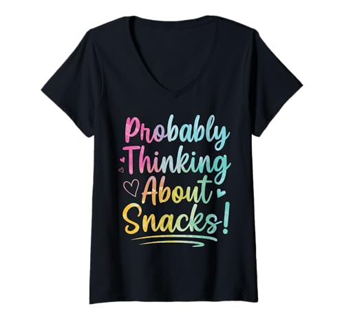 Damen Probably Thinking About Snacks T-Shirt mit V-Ausschnitt von Chips Verlangen Snack Junkfood Einhorn