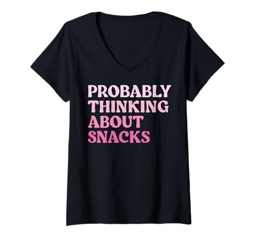 Damen Probably Thinking About Snacks T-Shirt mit V-Ausschnitt von Chips Verlangen Snack Junkfood Einhorn