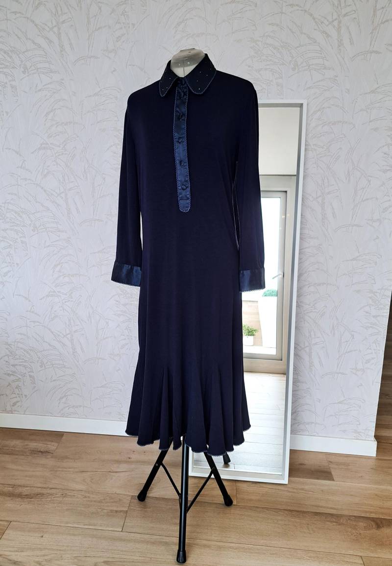 Dunkelblaues Jersey Kleid Anna Rachele Seidenborte, Made in Italy von ChiqueClique