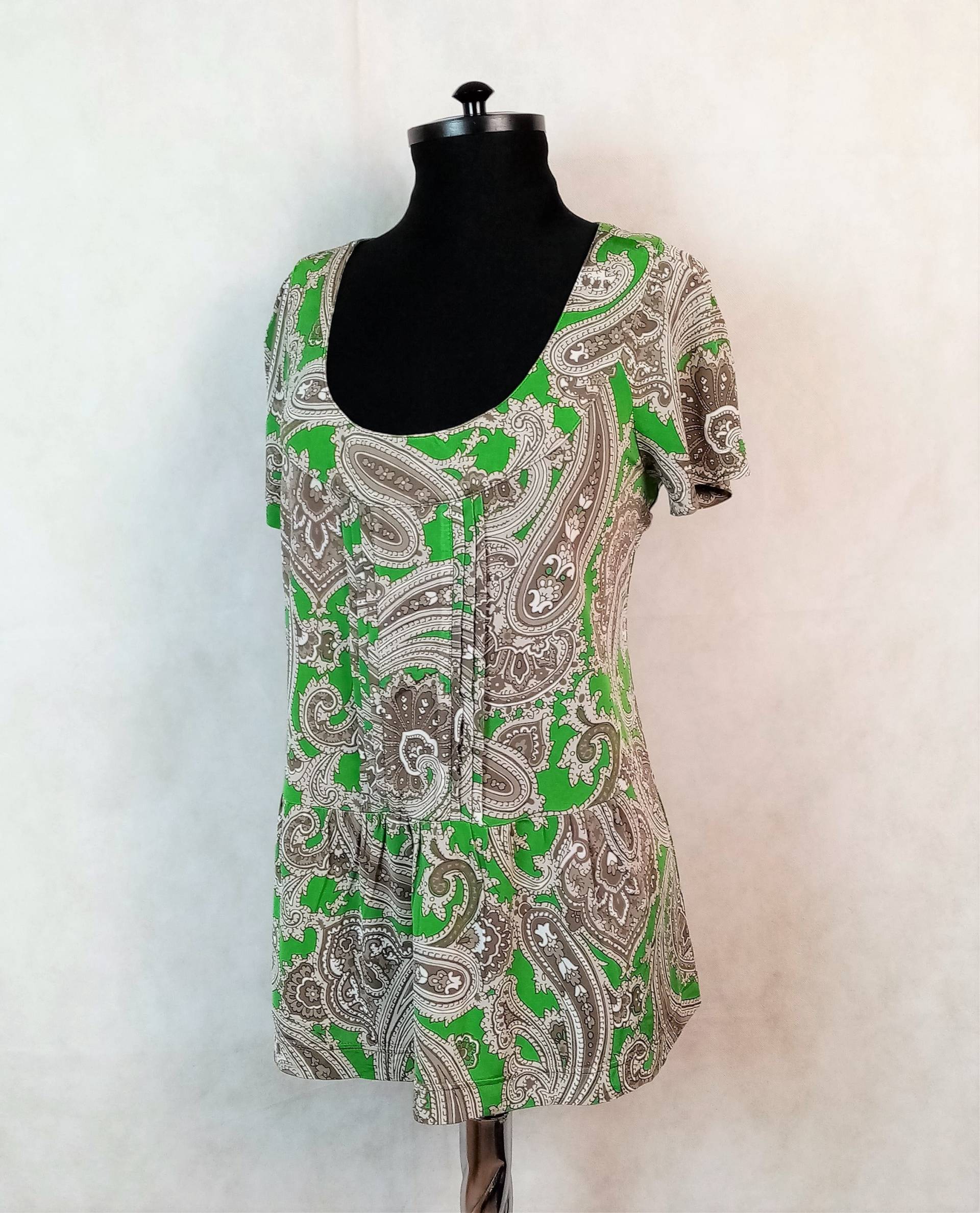 Etro Milano Damen Top, Grün/Graue Paisley Bluse, Viskose Strick Jersey Kurzarm Gr. 44 von ChiqueClique