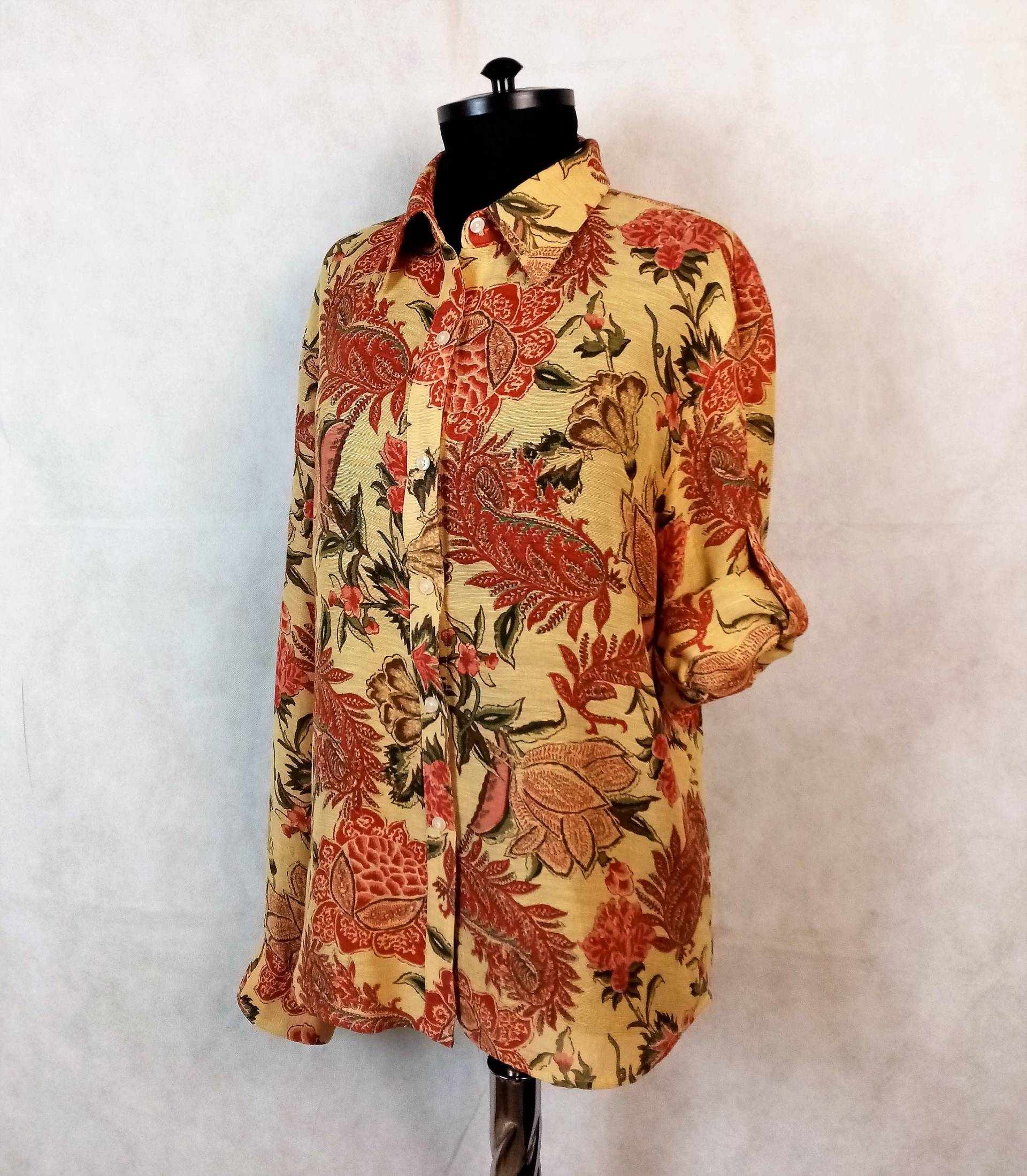 Ralph Lauren Damen Shirt, Rostgrüne Florale Paisley Bluse, Seide Und Leinen Roll-Up-Ärmel Größe M von ChiqueClique
