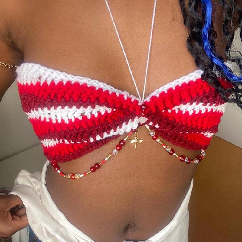 Handgemachtes Häkel Top Bandeau Rot Weiß Gestreiftes Perlen Boho Tube von ChiroCrochet