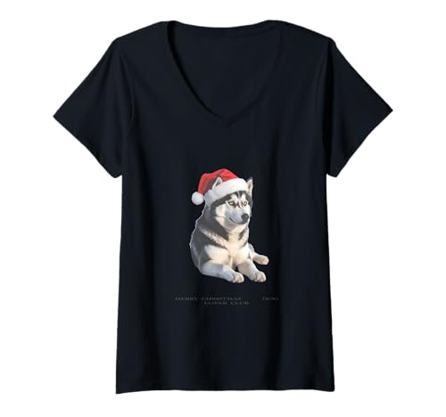Damen Husky-Weihnachtshund im Vintage-Stil T-Shirt mit V-Ausschnitt Damen Husky-Weihnachtshund im Vintage-Stil T-Shirt mit V-Ausschnitt von Chistmas Husky Lover Clo.