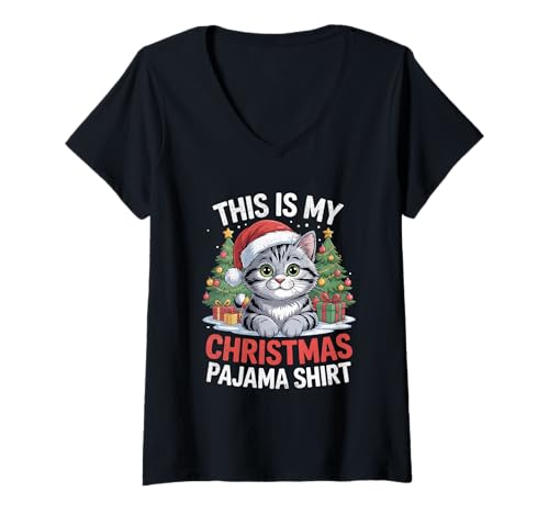 Damen Cat This is My Christmas Pyjama T-Shirt mit V-Ausschnitt von Chistmas Pajama Clo.