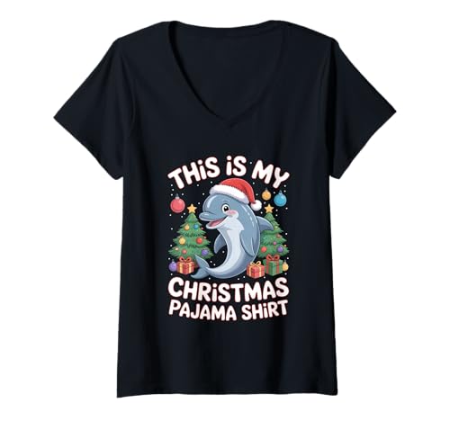 Damen This is My Christmas Pyjama Delphin T-Shirt mit V-Ausschnitt von Chistmas Pajama Dolphin Clo.