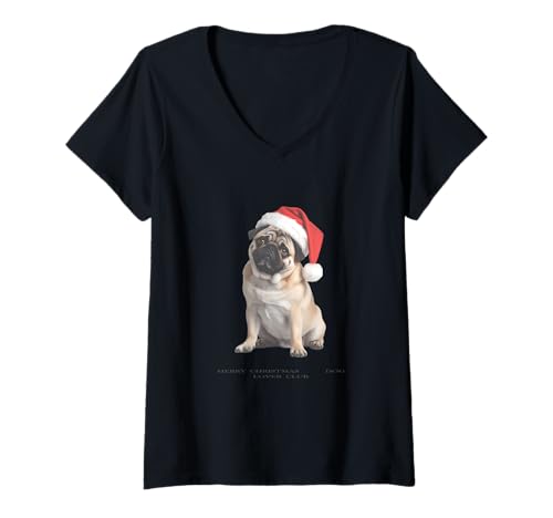 Damen Mops Weihnachten Hund Vintage T-Shirt mit V-Ausschnitt Damen Mops Weihnachten Hund Vintage T-Shirt mit V-Ausschnitt von Chistmas Pug Lover Clo.