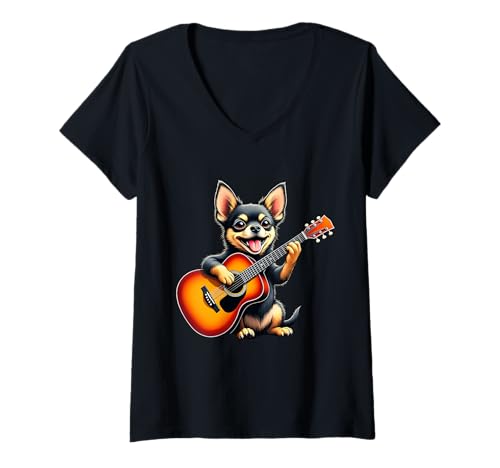 Damen Lustiges Chiweenie spielt Gitarre Design für Musikliebhaber T-Shirt mit V-Ausschnitt Damen Lustiges Chiweenie spielt Gitarre Design für Musikliebhaber T-Shirt mit V-Ausschnitt von Chiweenie Lovers Designs