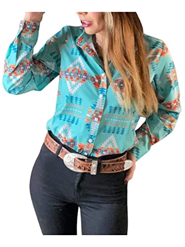 ChiyeeKiss Damen Aztekenperlen Snap Shirts Western Revers Knopfleiste Bluse Langarm Cowgirl Tops, Grün , Klein von ChiyeeKiss