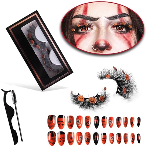 Wimpern Halloween und halloween nägel Set Nerzhaar mit kürbis Selbstklebende Wimpern mit Pinzette und Mascara-Falsche Wimpern Bürste Perfekt für Halloween Party von Chlffua