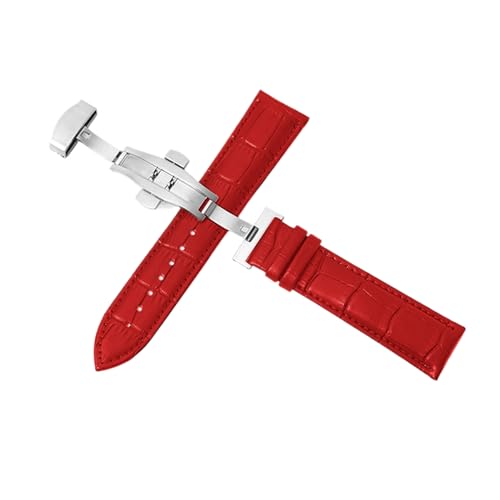 Chlikeyi Uhrenarmbänder 316L Double Push Automatic Butterfly Buckle Kalbslederarmband 12-24mm, Silberne Schnalle Rot, 21mm von Chlikeyi