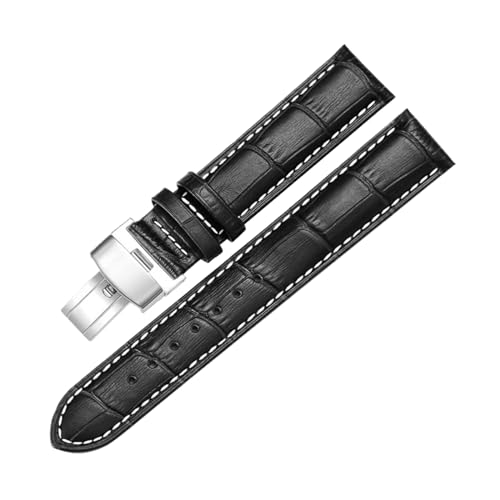 Chlikeyi Uhrenarmband Faltschließe Uhr Leder Kalbsleder 18-24mm, Schwarze weiße Linie, 16mm von Chlikeyi