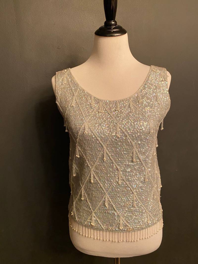 Kristall Perlen Vintage Top, Eisblaues Woll Top Kristall Perlen Vintage Top, Eisblaues Woll Top von ChloeSimoneGoods