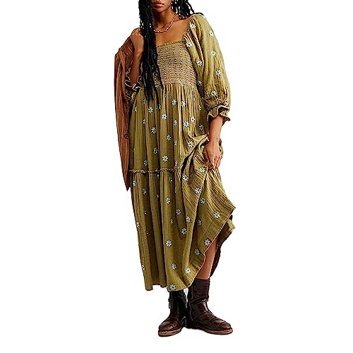 Chloefairy Damen-Maxikleid mit Blumenstickerei, Laternenärmel, quadratischer Ausschnitt, gestuftes, fließendes Frühlingskleid, Grün , Groß von Chloefairy