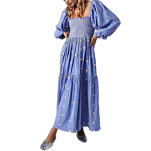 Chloefairy Damen-Maxikleid mit Blumenstickerei, Laternenärmel, quadratischer Ausschnitt, gestuftes, fließendes Frühlingskleid, Hell, blau, Mittel von Chloefairy
