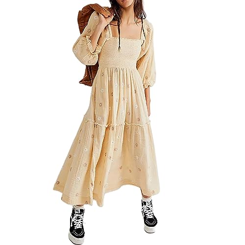 Chloefairy Damen-Maxikleid mit Blumenstickerei, Laternenärmel, quadratischer Ausschnitt, gestuftes, fließendes Frühlingskleid, aprikose, Groß von Chloefairy