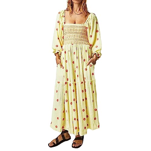 Chloefairy Damen-Maxikleid mit Blumenstickerei, Laternenärmel, quadratischer Ausschnitt, gestuftes, fließendes Frühlingskleid, gelb, Groß von Chloefairy