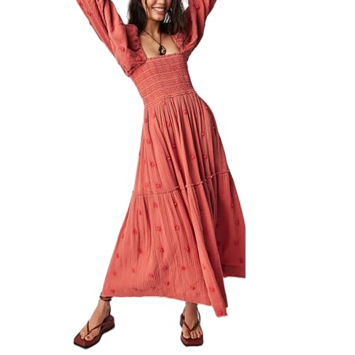 Chloefairy Damen-Maxikleid mit Blumenstickerei, Laternenärmel, quadratischer Ausschnitt, gestuftes, fließendes Frühlingskleid, wassermelone, Groß von Chloefairy