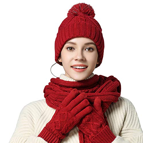 Chloria Stricken Mütze,Schal und Handschuh Set Frauen Männer Mädchen Unisex Zopfmuster Strickmütze erdicken Schal Handschuh Hut Gesetzt Winter Kombi Geschenkset (Hellrot) von Chloria