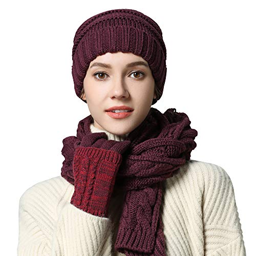 Chloria Stricken Mütze,Schal und Handschuh Set Frauen Männer Mädchen Unisex Zopfmuster Strickmütze erdicken Schal Handschuh Hut Gesetzt Winter Kombi Geschenkset (Rötlich-braun) von Chloria