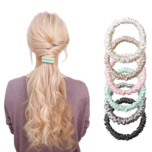 Chloven Haargummis aus Maulbeerseide für Frauen – 6 Stück, dünne Haargummis für lockiges Haar, Satin-Haargummis für Mädchen, elastische Pferdeschwanz-Halter, weiches Band für Frauen, Mädchen von Chloven