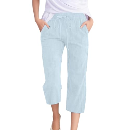 3/4 Hose Damen, Musselin Hose Damen Caprihose Sommer Sommerhose Leicht Leinenhose Dreiviertel Hosen mit Taschen Freizeithose Locker Stoffhose Strandhose Damenhosen mit Gummizug Tunnelzug von Chnnamzu