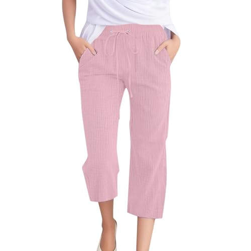 3/4 Hose Damen, Musselin Hose Damen Caprihose Sommer Sommerhose Leicht Leinenhose Dreiviertel Hosen mit Taschen Freizeithose Locker Stoffhose Strandhose Damenhosen mit Gummizug Tunnelzug von Chnnamzu