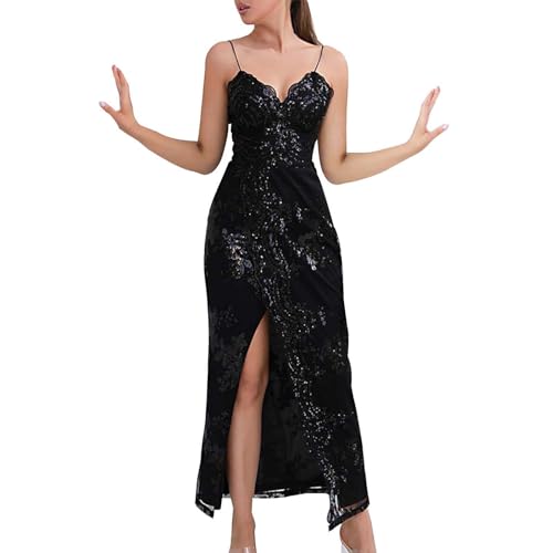 Chnnamzu Abendkleid Lang Damen - Cocktailkleid Pailletten Glitzer Kleid Brautjungfernkleid Spaghettiträger Kleid Rückenfreies Cocktailkleider Glitzerkleid Sexy Abendkleid für Damen von Chnnamzu