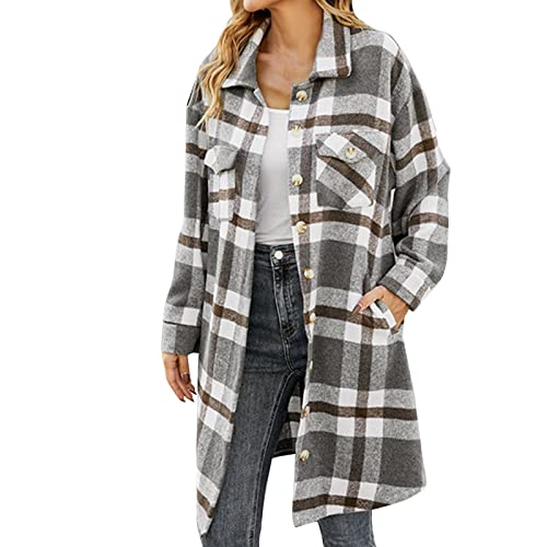 Chnnamzu Damen Herbst Winter Casual Oversized Hemdjacke Knöpfen Mantel Warme Langarmshirt Bluse Karierte Jacke mit Tasche Casual Blusenshirt Damen Langarm Holzfällerjacke von Chnnamzu