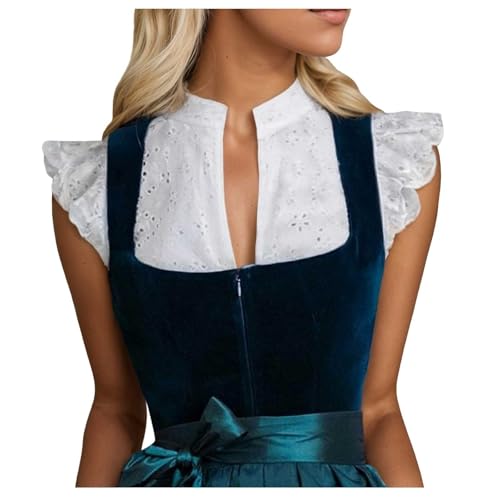 Chnnamzu Dirndl Bluse Damen Flügelärmel - Dirndlbluse Weiß Kurzarm zum Knöpfen Dirndlblusen V Ausschnitt Lochstickerei Trachtenbluse für Oktoberfest Weiß M von Chnnamzu