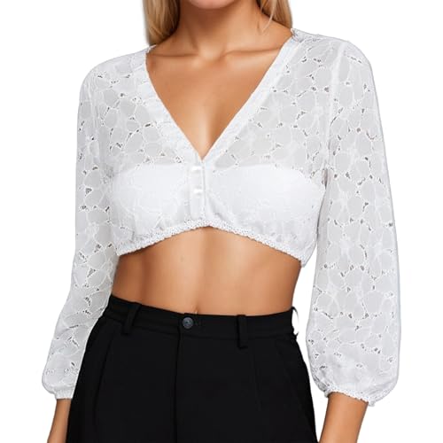 Chnnamzu Dirndl Bluse Damen Langarm - Dirndlbluse Weiß Puffärmel mit 3 Knöpfen V Ausschnitt Elegant Trachtenbluse Große Größen Transparent Dirndlblusen für Oktoberfest S von Chnnamzu