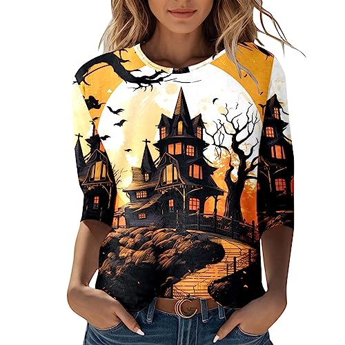 Chnnamzu Halloween Damen Shirt mit 3/4 arm mit Motiv,T-Shirts Blusen,3D Feiner-Halloween-Druck,Pullover Oberteile für Frauen Teenager Mädchen von Chnnamzu