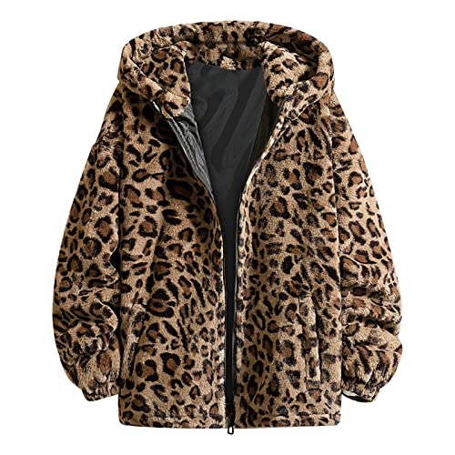 Chnnamzu Jacke Damen Winterjacke - Teddy Fleecejacke Fleece Hoodie Damen Parka Jacke Mantel mittellange Goldfarbene Flanell ReißVerschlussjacke für mit Leopardenmuster von Chnnamzu