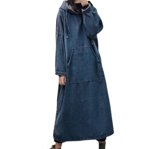 Chnnamzu Jeanskleid Lang Damen GroßE GrößEn Retro Kleid Straße Lose Größe Kleid Denim Kleid Mit Kapuze Langarm Kleid Casual Vielseitiges Kleid von Chnnamzu