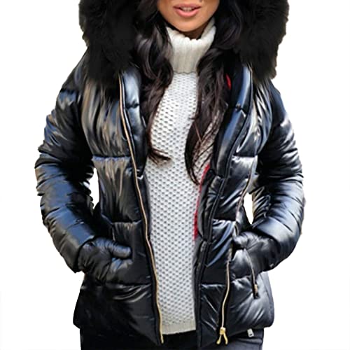 Chnnamzu Damen Winterjacke Kurz Glänzend - Glänzend Daunenmantel Warm Elegant Outdoorjacke Mit Kapuze Schwarz 3XL von Chnnamzu